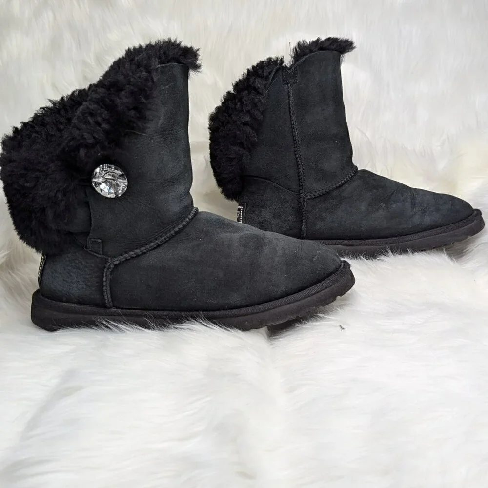 UGG Swarovski Bailey Button Bling Black Classic Calf Boots Women's Size US 8